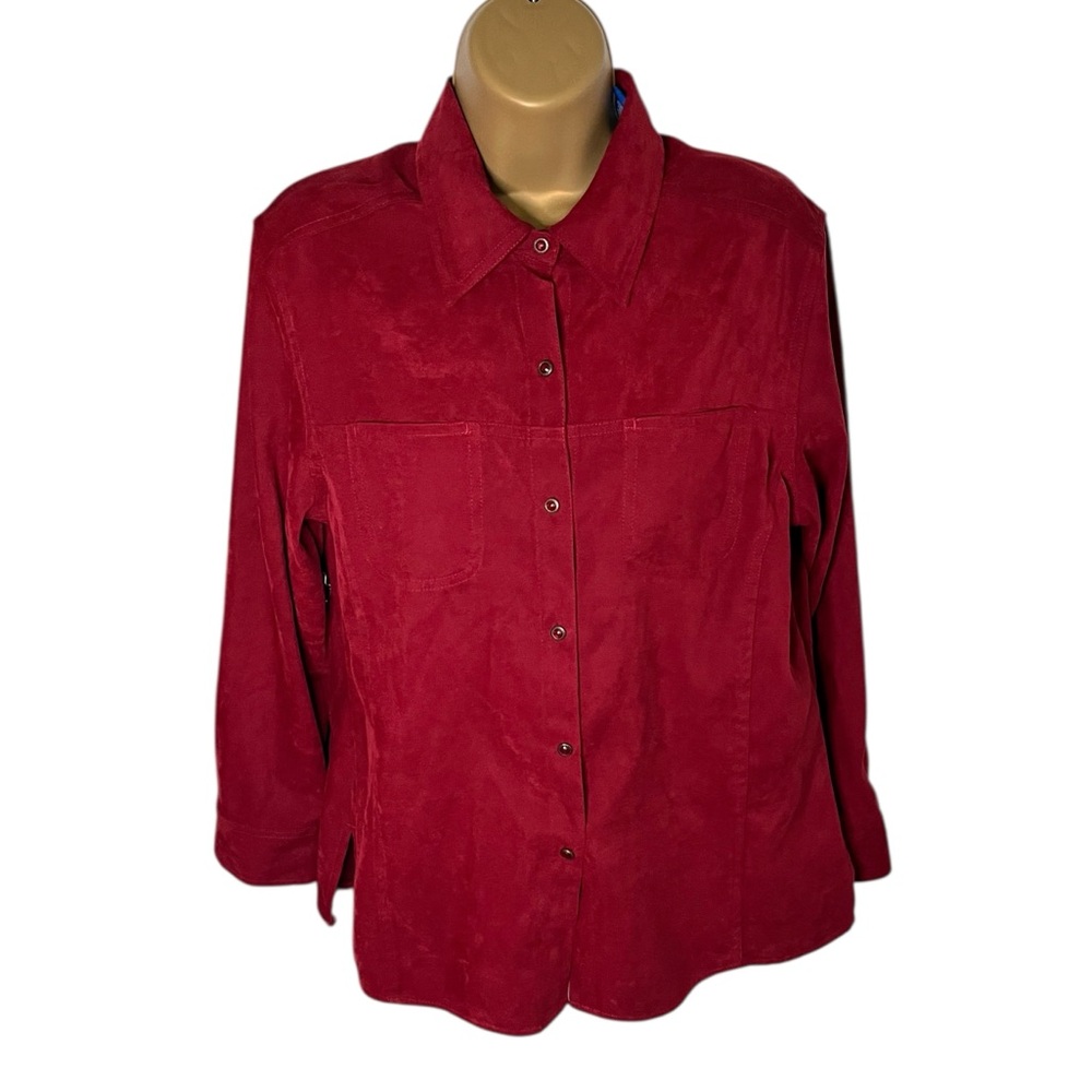 Vtg 90s Y2K Karen Scott Brushed Microfiber Snap Button Shirt Western Wine Red M